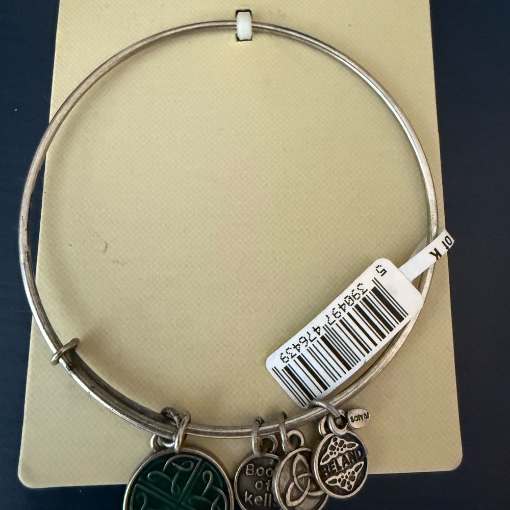 Book of Kells Silver-tone Charm Bangle with Green Enamel Accent